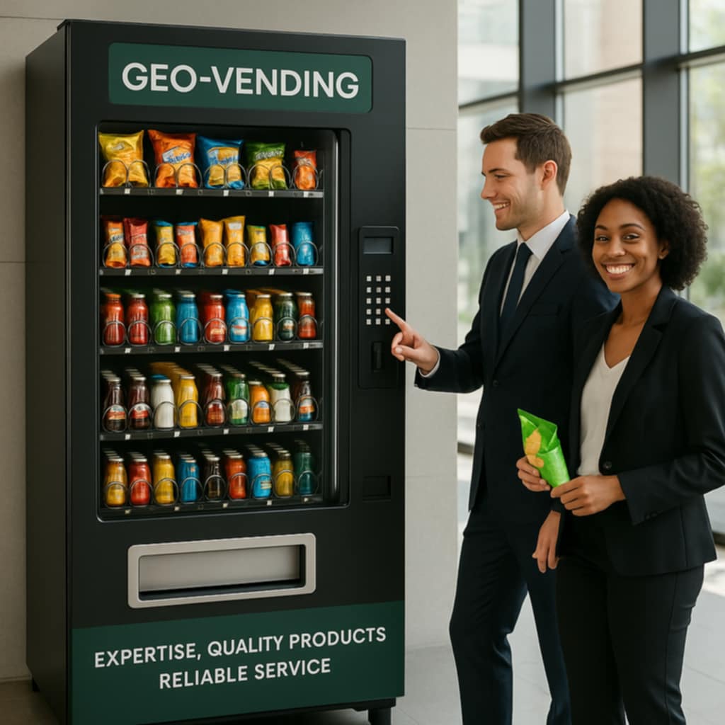 Professional business people using Geo-Vending machine stocked with snacks and beverages in modern office