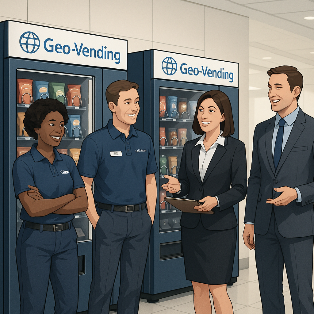 Geo-Vending professional service team with business clients standing next to branded vending machines