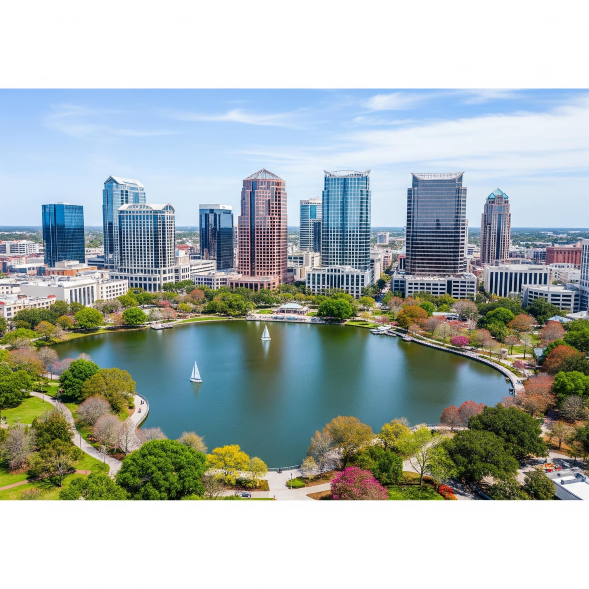 Beautiful aerial view of Orlando downtown skyline with Lake Eola and modern skyscrapers